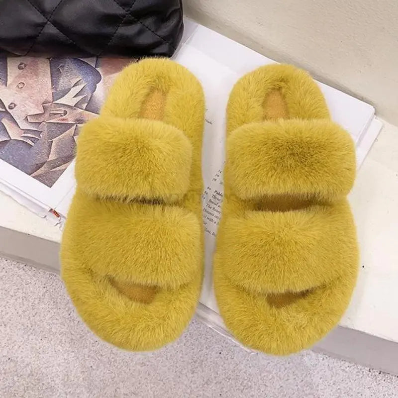 Winter Women House Furry Slippers Fashion Faux Fur Warm Shoes Slip On Flats Female Home Slides Black Plush Indoor Ytmtloy